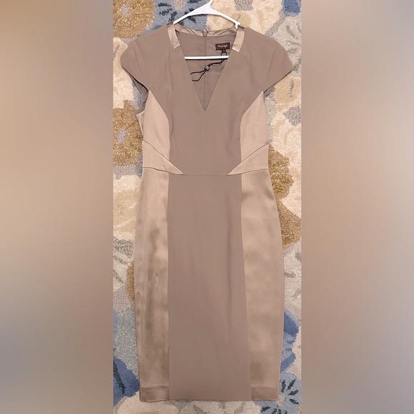 NWOT Phase Eight Two-Tone Satin/Crepe Taupe Structured/Pieced Sheath Dress - Picture 2 of 7